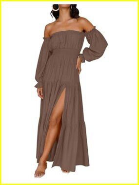 Boho Off Shoulder Maxi Dress Long Sleeve Flowy Ruffle High Split
